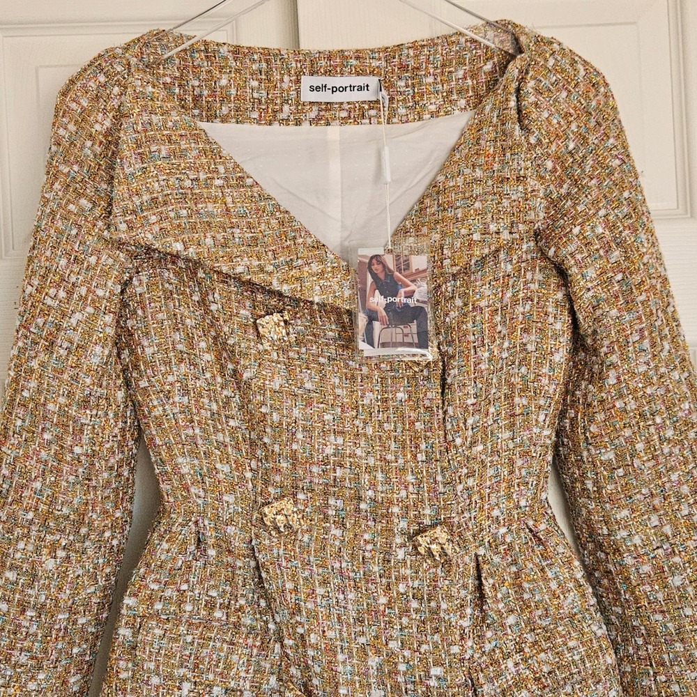 Self Portrait Gold Tinsel Boucle Off Shoulder Mini Dress US 2 UK 6 NEW Regal - Picture 5 of 12
